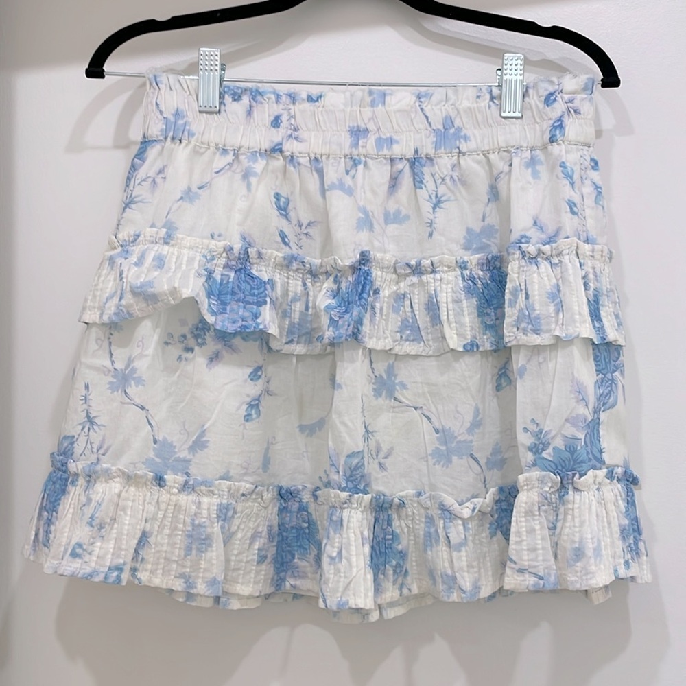 LoveShackFancy tiered ruffle mini skirt in off-white with blue floral print sz L